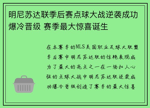 明尼苏达联季后赛点球大战逆袭成功爆冷晋级 赛季最大惊喜诞生 明尼苏达联季后赛点球大战逆袭成功爆冷晋级 赛季最大惊喜诞生