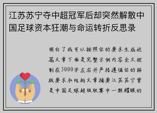 江苏苏宁夺中超冠军后却突然解散中国足球资本狂潮与命运转折反思录